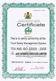 JAD Catering ISO 22000:2005 Certificate
