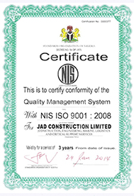 JAD Construction ISO 9001:2008 Certificate